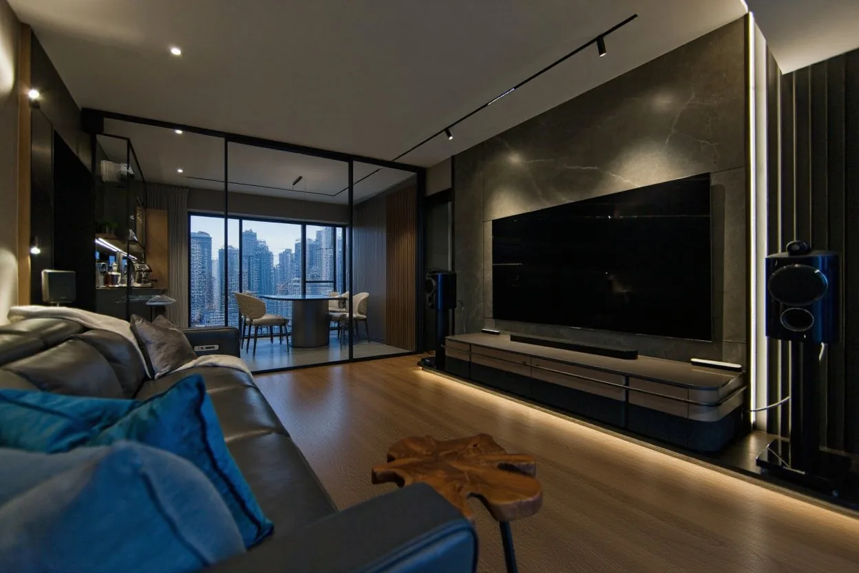 A slim black-framed crittall-style glass partition dividing an open living room from a study in a Hong Kong flat, warm oak floor and city light