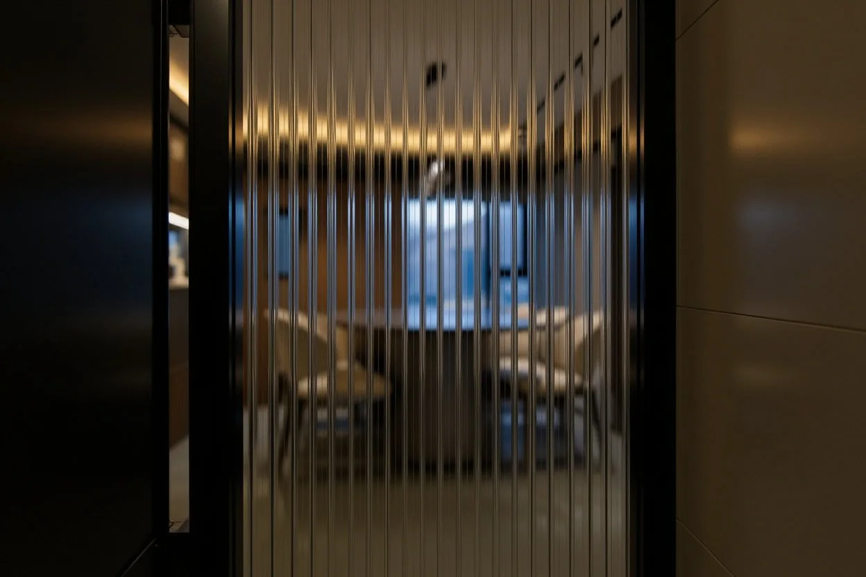 Close detail of a fluted reeded privacy glass panel set in a slim black metal frame, a softly blurred figure and warm light behind it