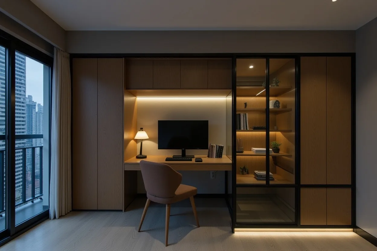 A compact home study behind a black-framed glass partition in a Hong Kong flat, a desk and chair with borrowed daylight from the living room