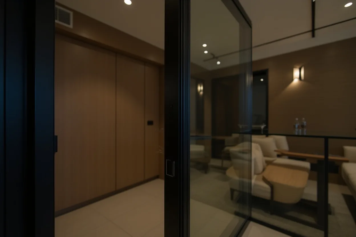 Close detail of a black-framed glass sliding partition, its slim top track and minimal handle, in a warm Hong Kong apartment