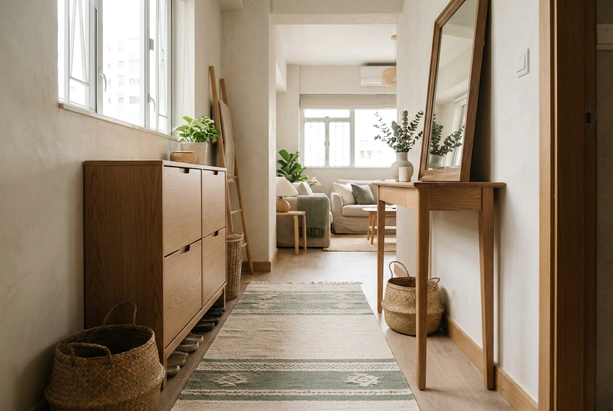 Bright Hong Kong flat entrance foyer with a low timber shoe cabinet and console that gently slows the path from door to living room