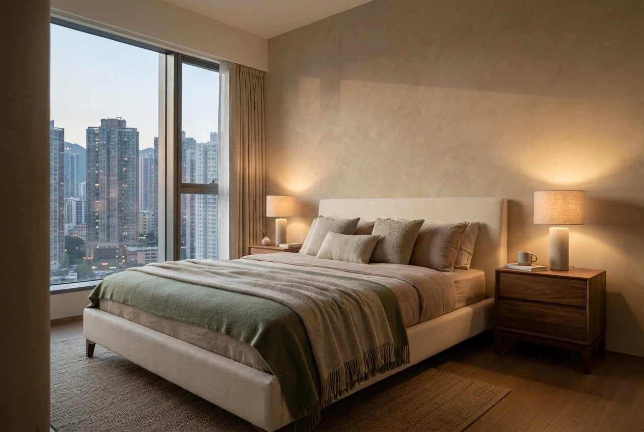 Calm Hong Kong bedroom with the bed against a solid headboard wall, a clear view of the door, soft layered bedside lighting and a city window to the side