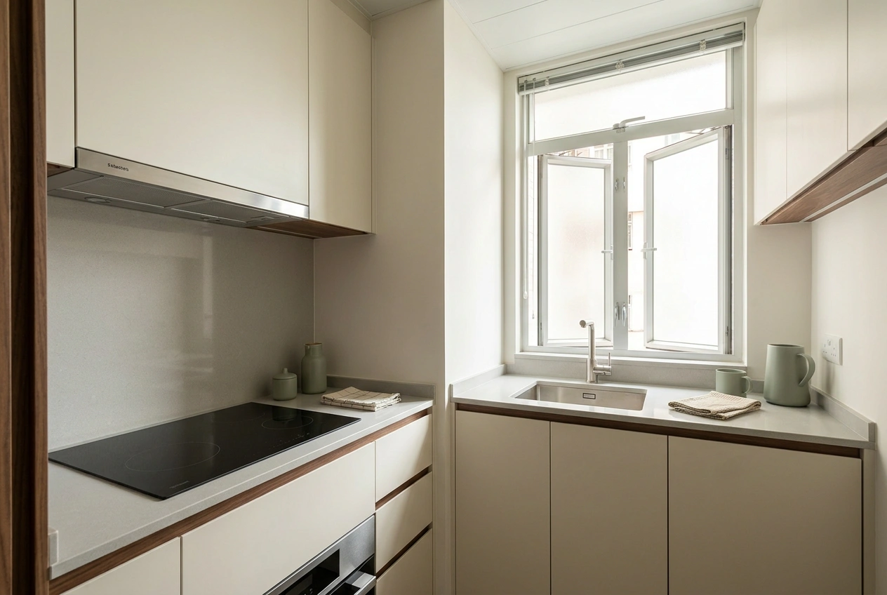 Compact Hong Kong kitchen with the hob offset from the sink, an extractor hood, dry stone worktops and good ventilation from a nearby window