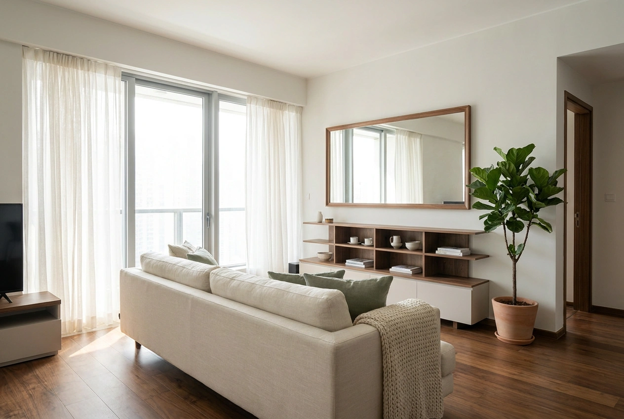 Airy Hong Kong living room with daylight reaching deep into the flat and a large wall mirror widening the space without facing the front door