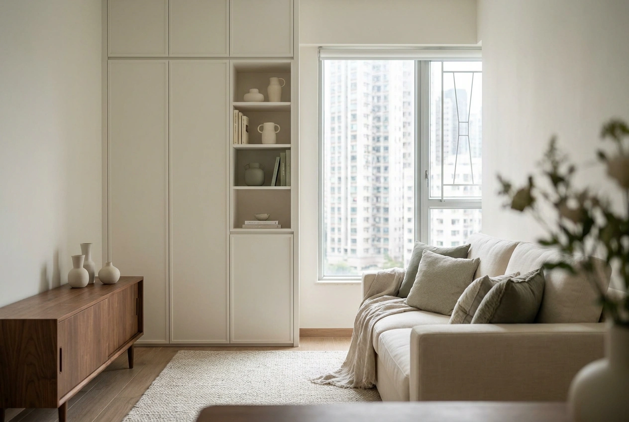 A compact Hong Kong living room with floor-to-ceiling built-in storage reading as architecture beside a single freestanding cabinet