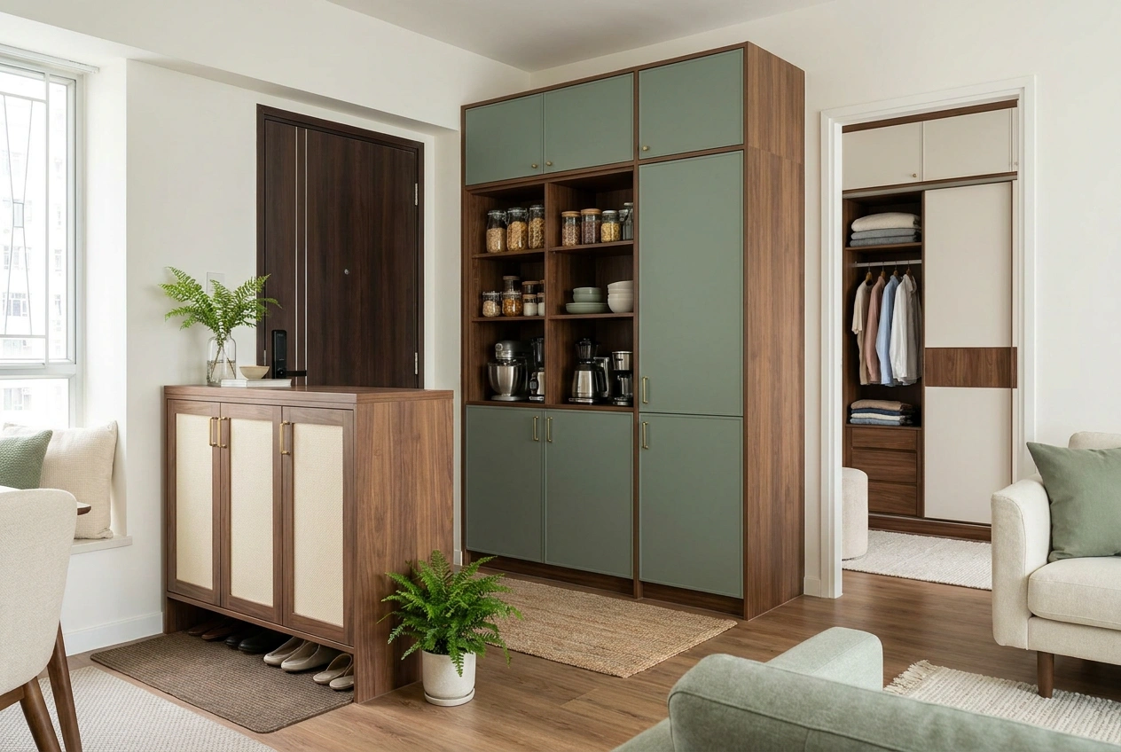 Storage tailored to each room in a Hong Kong flat, a hallway shoe cabinet, a kitchen larder and a bedroom wardrobe shown together