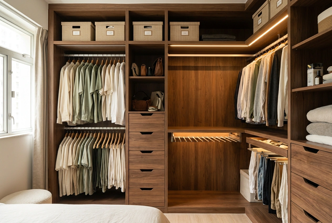 A floor-to-ceiling Hong Kong wardrobe with double-hang rails, drawers, a top shelf for seasonal items and a pull-out rail with a sensor light