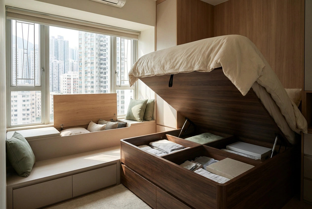 Hidden storage in a small Hong Kong flat, a bed with a lifting base, a window seat that opens and a platform with drawers beneath