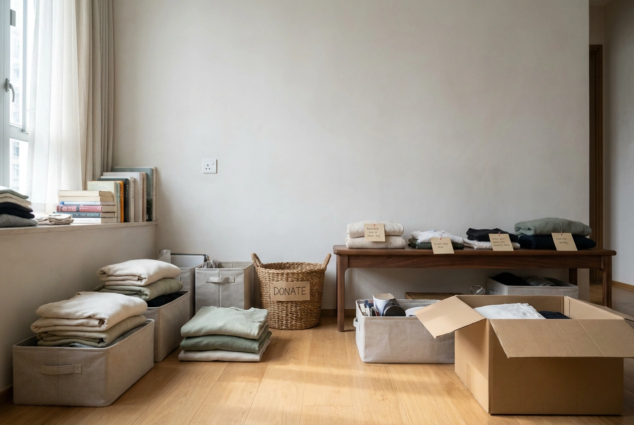 Belongings sorted into labelled boxes and neat piles on the floor of a Hong Kong flat being edited before storage is designed