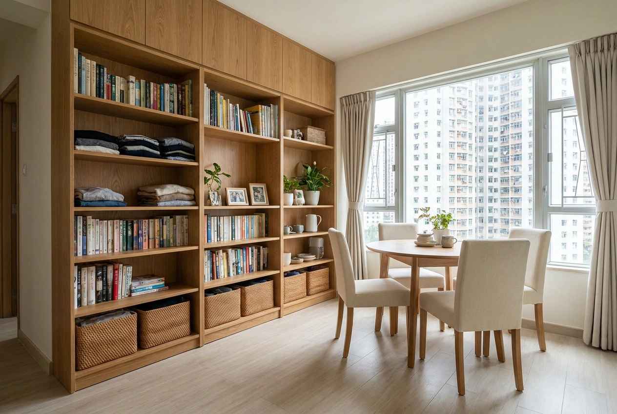 Compact Hong Kong subsidised flat living and dining area with built-in storage hugging a fixed structural wall and a unified light flooring