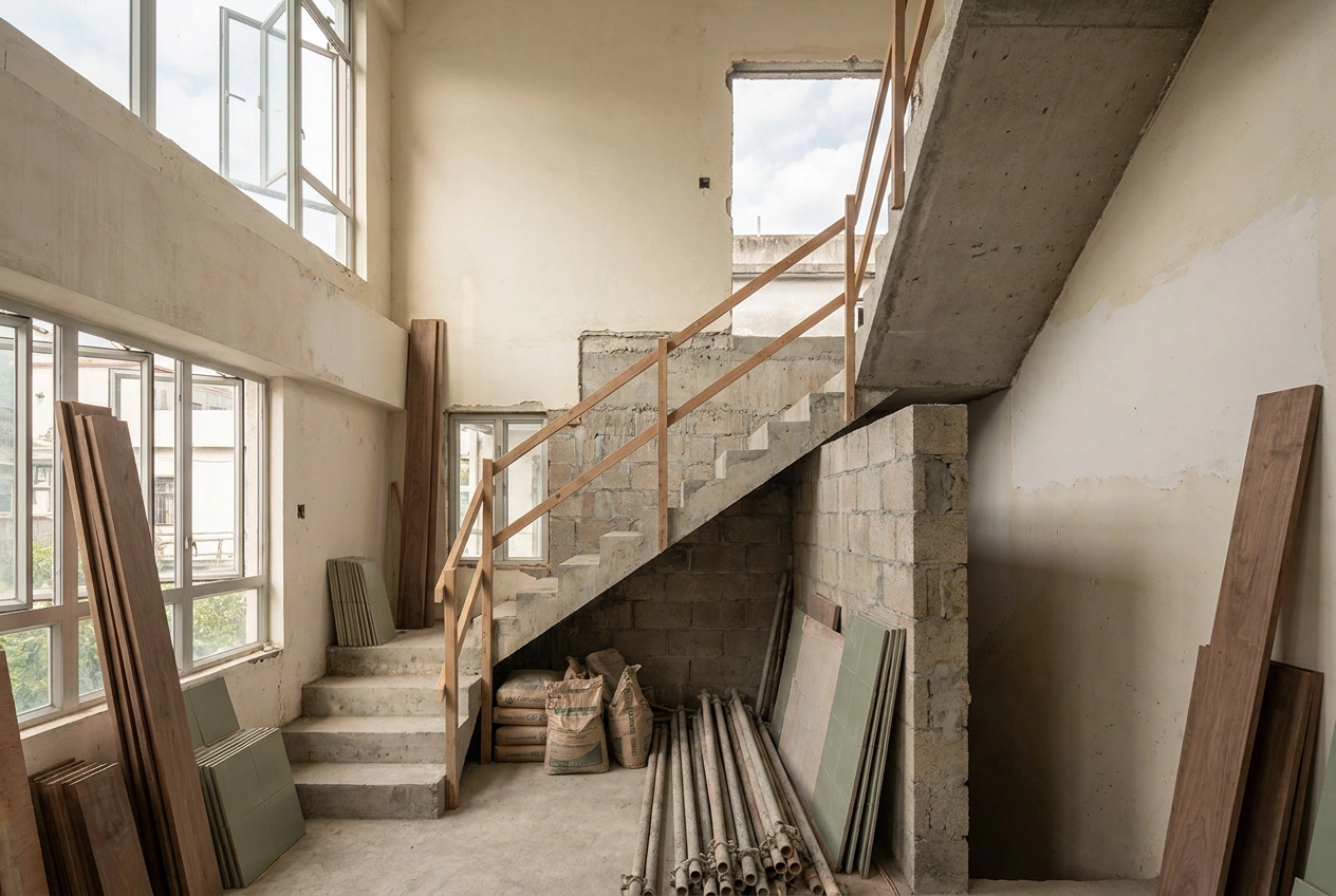 Three-storey New Territories village house interior with an internal staircase rising past floors, exposed during renovation with a rooftop above