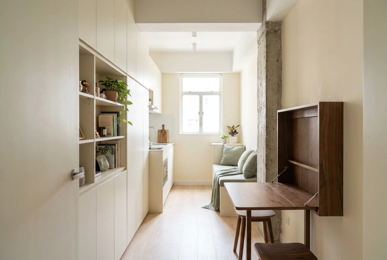 Clever multifunctional layout in a tight Hong Kong flat with full-height storage, a fold-out table and clear circulation around a structural wall