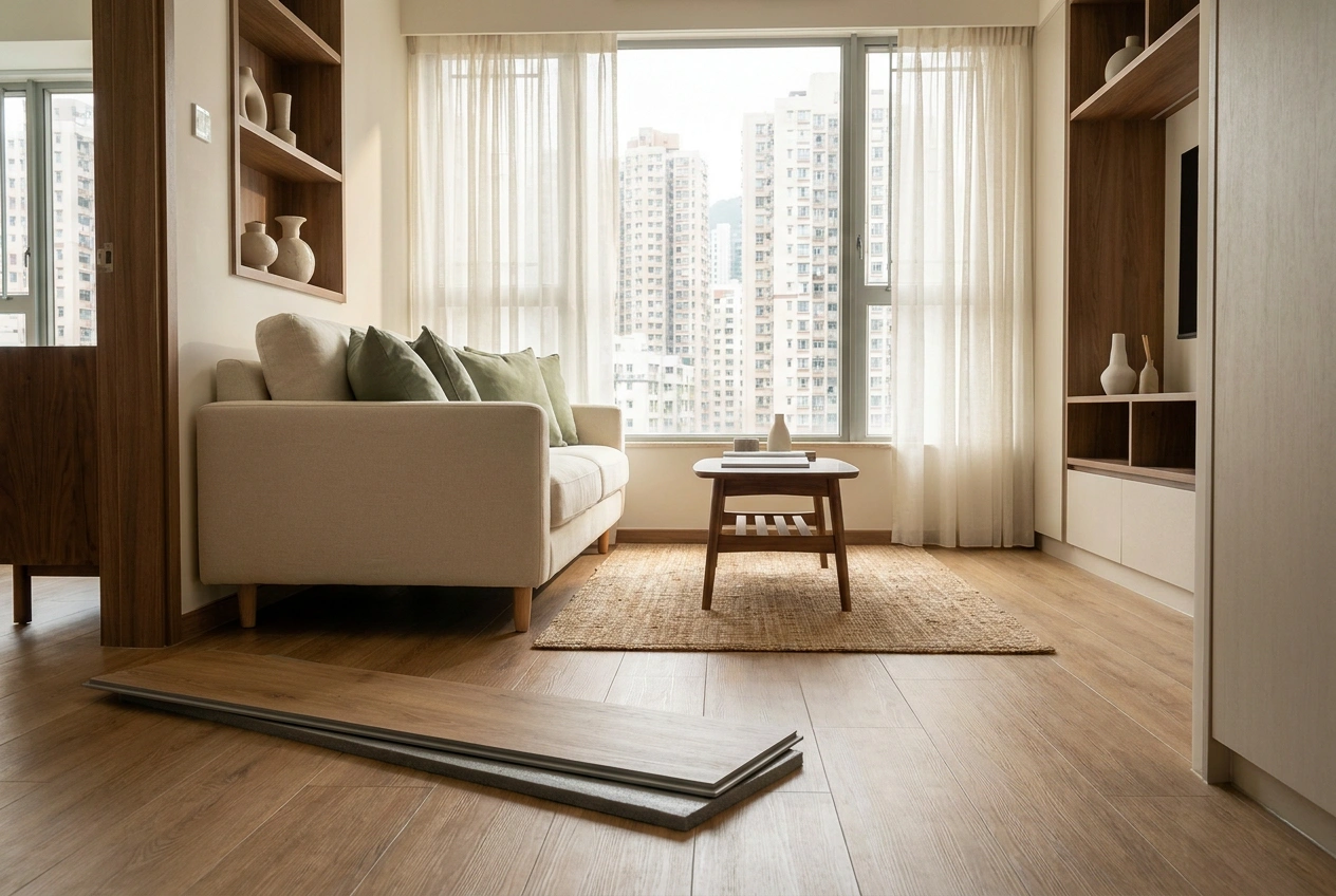 Flooring and material samples laid out at Artwill for a Hong Kong renovation