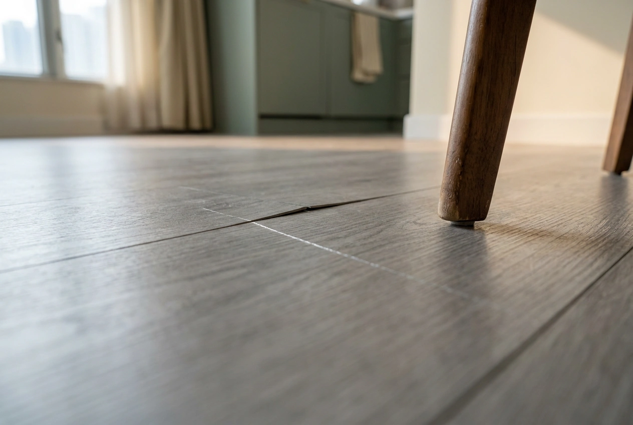 Close-up of a worn SPC plank floor showing a fine surface scratch and a slightly lifted click joint over an uneven subfloor in a Hong Kong flat