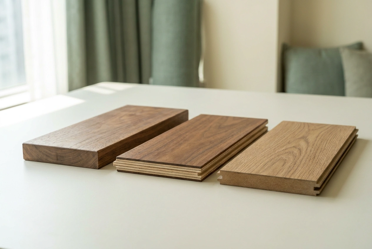 Three wood flooring sample boards laid side by side showing solid hardwood, engineered wood veneer and laminate cross sections for comparison