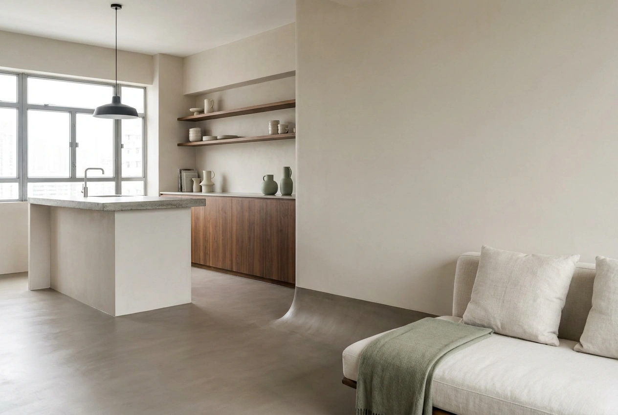 Seamless micro-cement floor in matt grey flowing without joints across an open-plan Hong Kong flat with industrial-leaning minimalist styling
