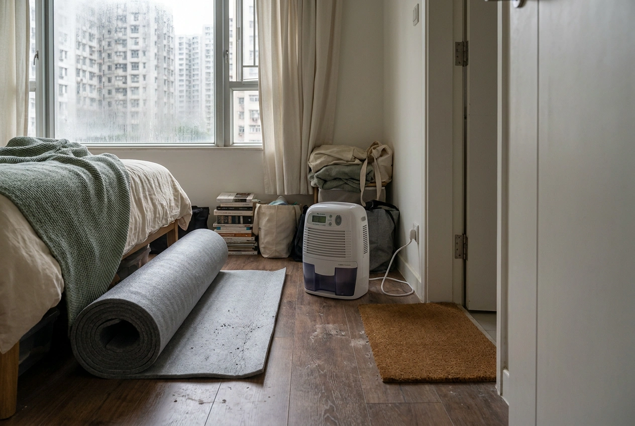 An acoustic underlay roll and a dehumidifier beside a floating wood-look floor in a humid Hong Kong bedroom illustrating upkeep and climate care