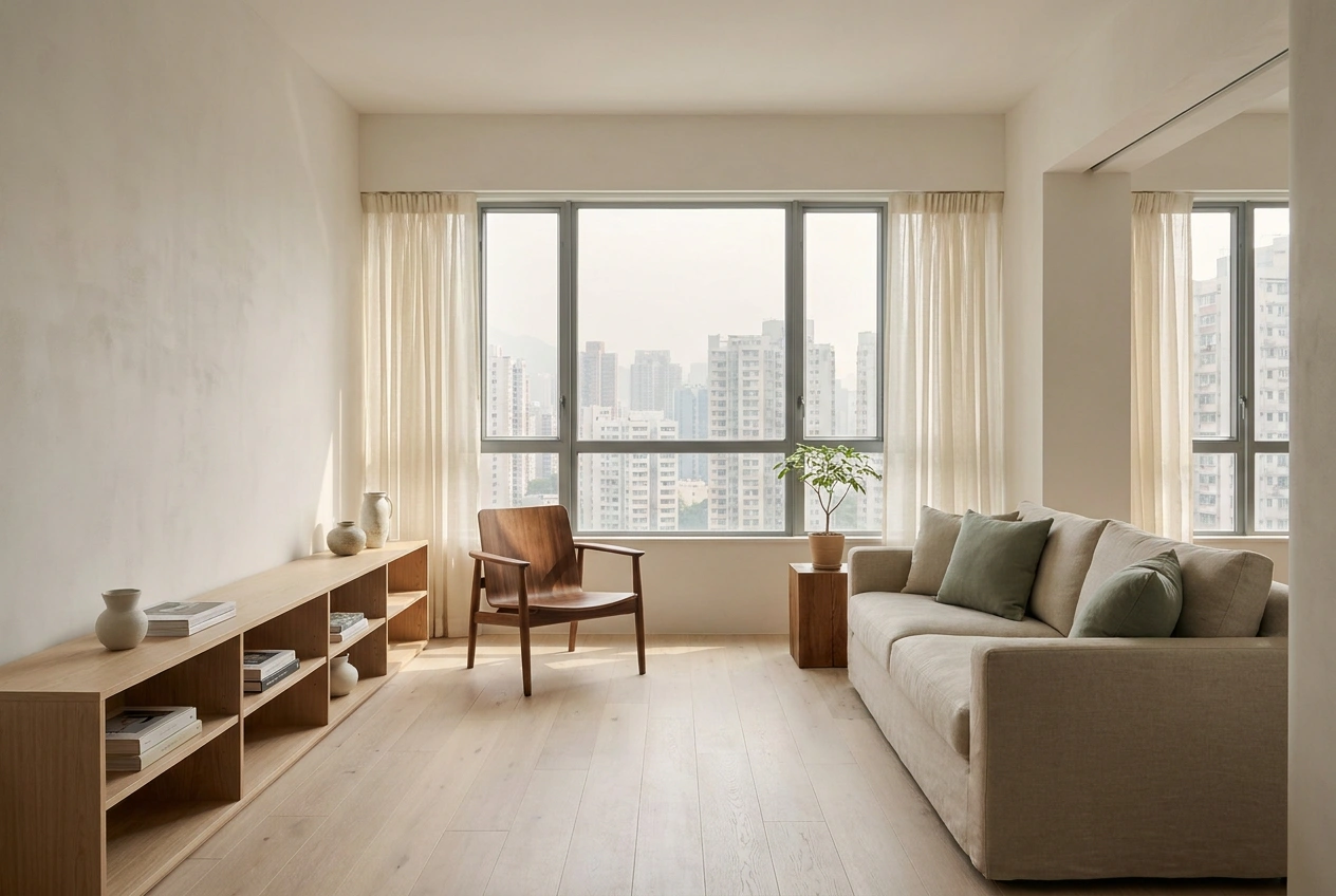 Bright light and airy Hong Kong living room with off-white walls, pale wood and natural fabric showing the soft uncluttered style family