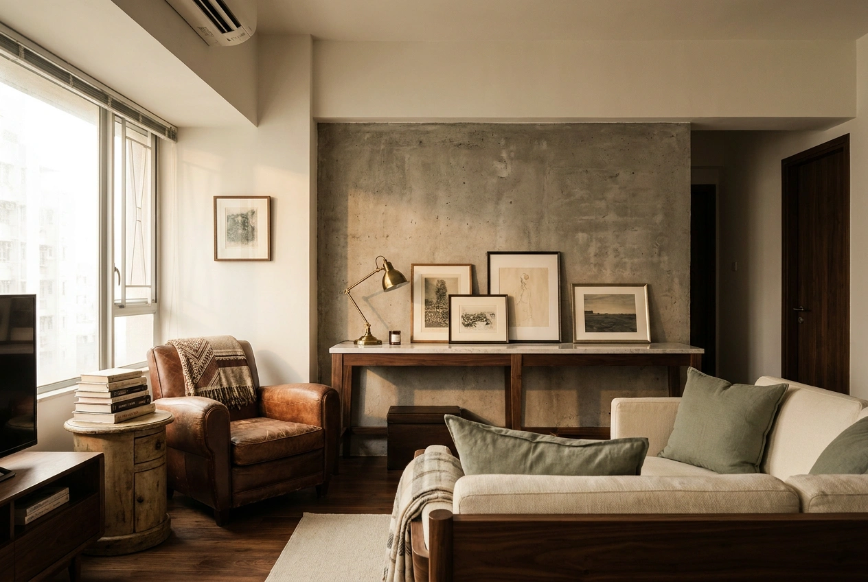 Characterful Hong Kong living space mixing exposed concrete texture, a marble-look surface and warm timber for personality and presence