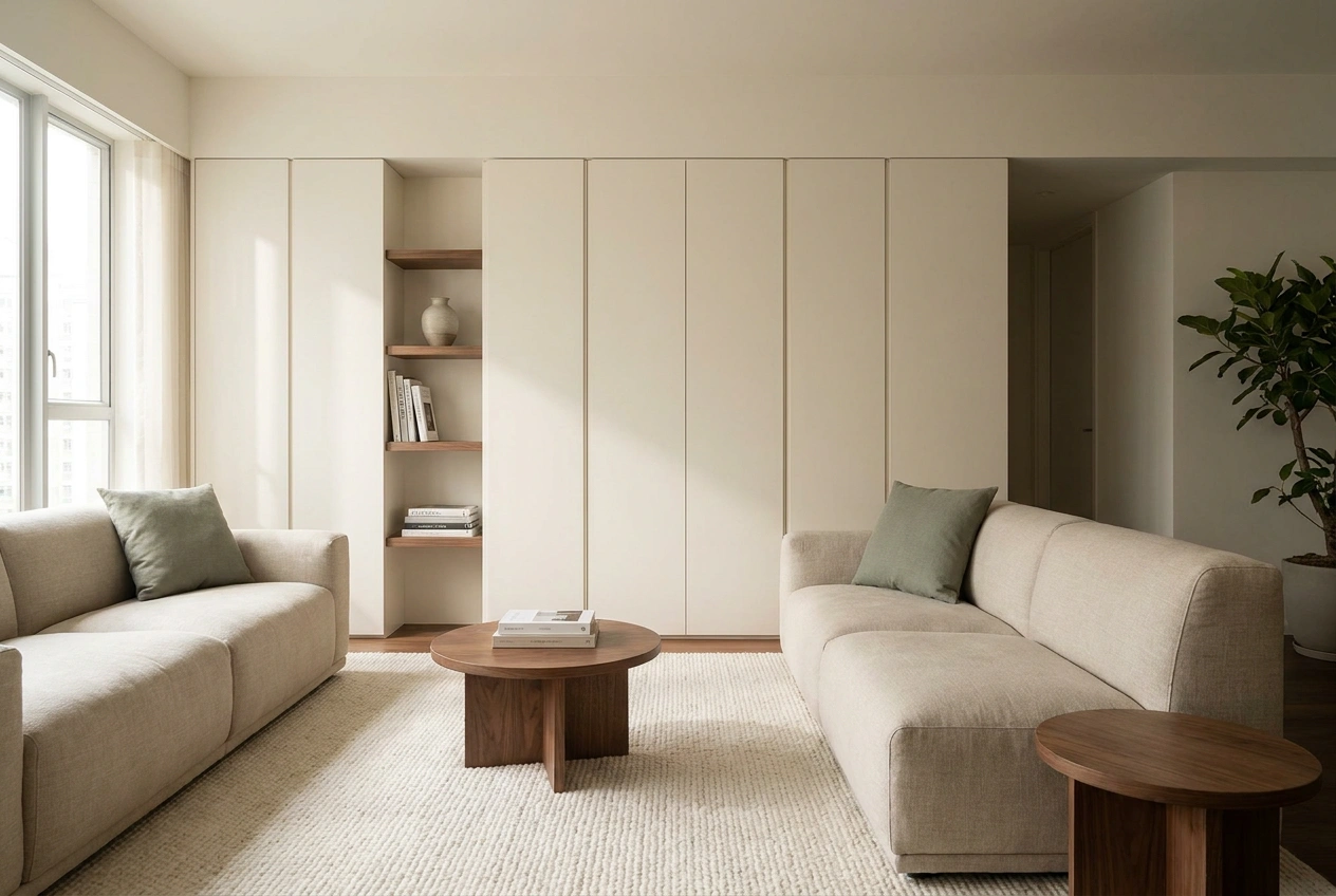 Modern minimalist Hong Kong flat with clean lines, hidden storage joinery and a tight neutral palette keeping the small space calm