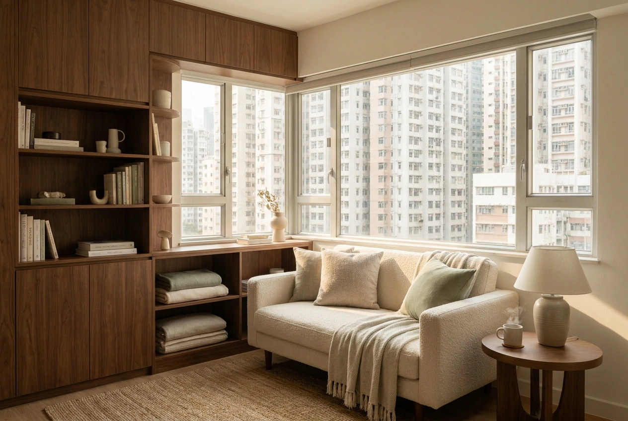 Compact Hong Kong flat interior with built-in joinery and a city window showing how light, storage and mood shape the right style