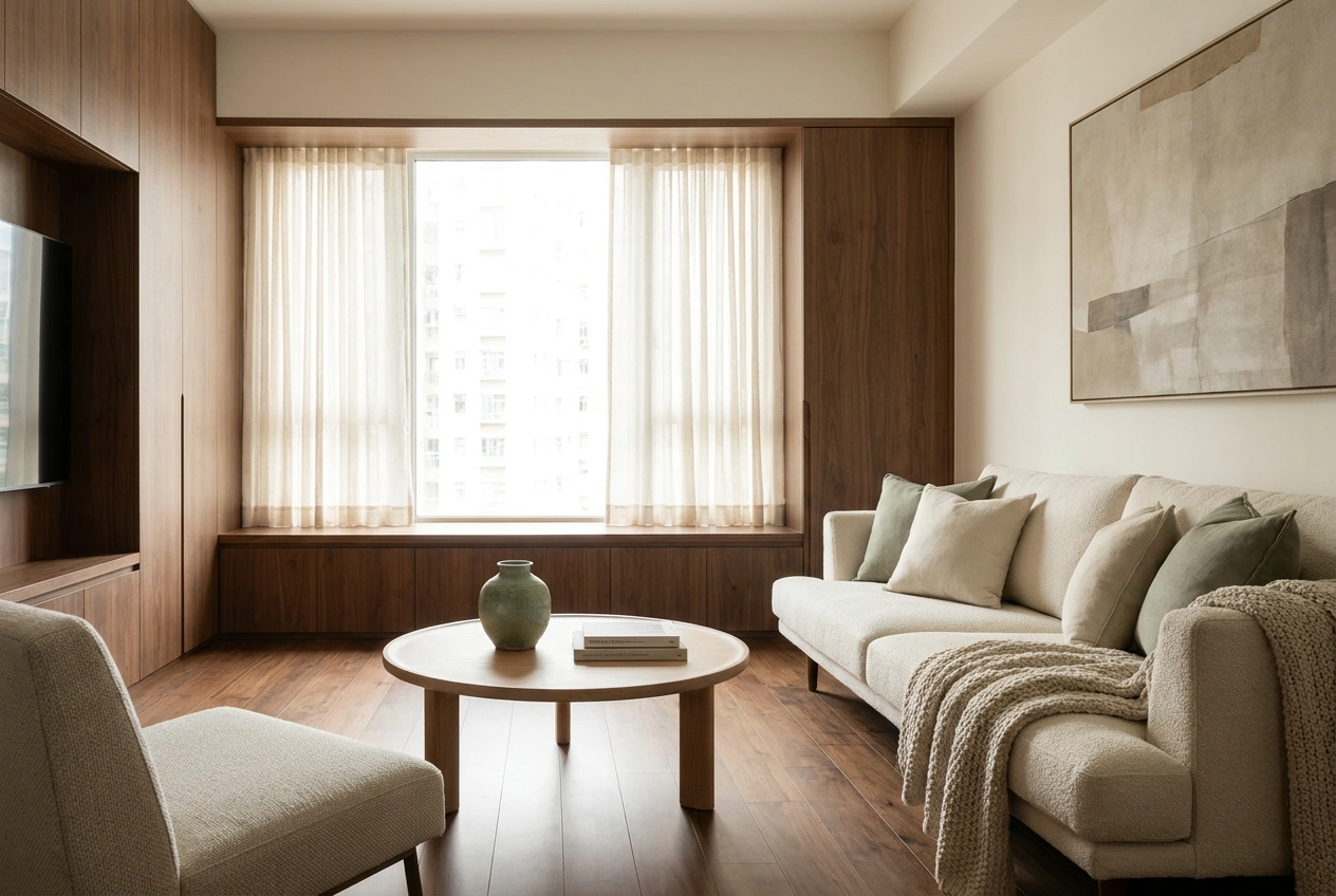 Hong Kong living room leading with one dominant neutral style and a second accent style layered into soft furnishings and a few pieces