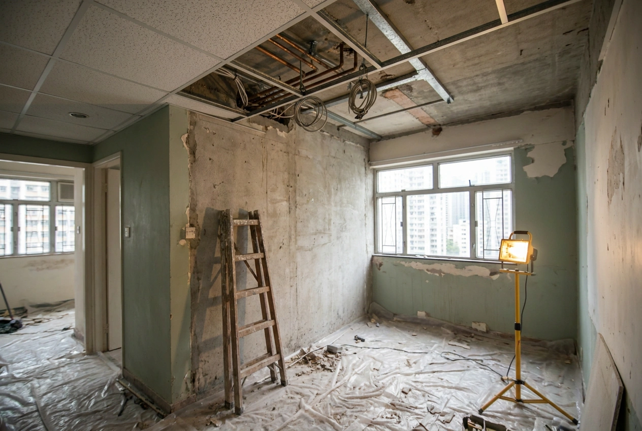 Hong Kong flat mid-renovation with a section of false ceiling removed exposing old pipework and wiring above a stripped concrete interior