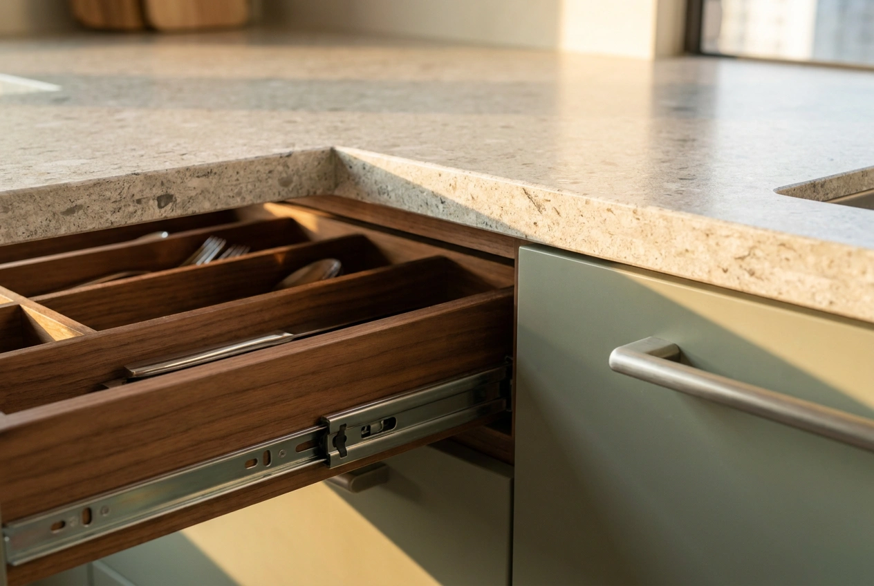 Close detail of a quality kitchen worktop, soft-close drawer hardware and brushed cabinet handles in a Hong Kong flat showing where the budget matters most