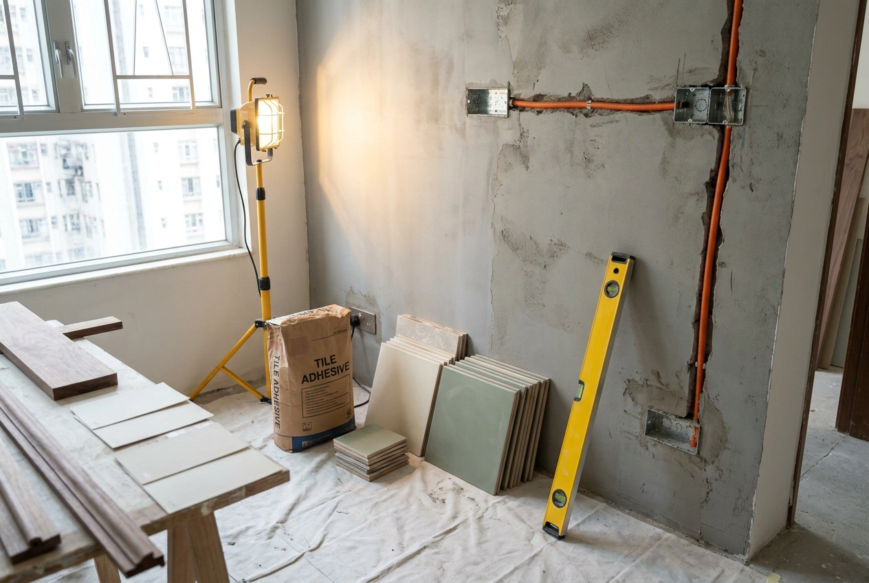 Hong Kong flat during the construction stage with first-fix electrical conduit, fresh wall plastering and tiling work underway in trade order