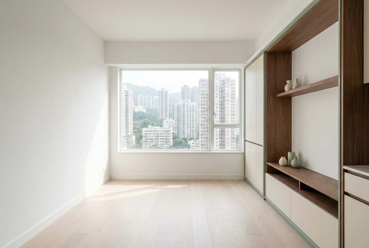 Finished and cleaned Hong Kong flat interior ready for handover with completed joinery, painted walls and a tidy living space at inspection stage