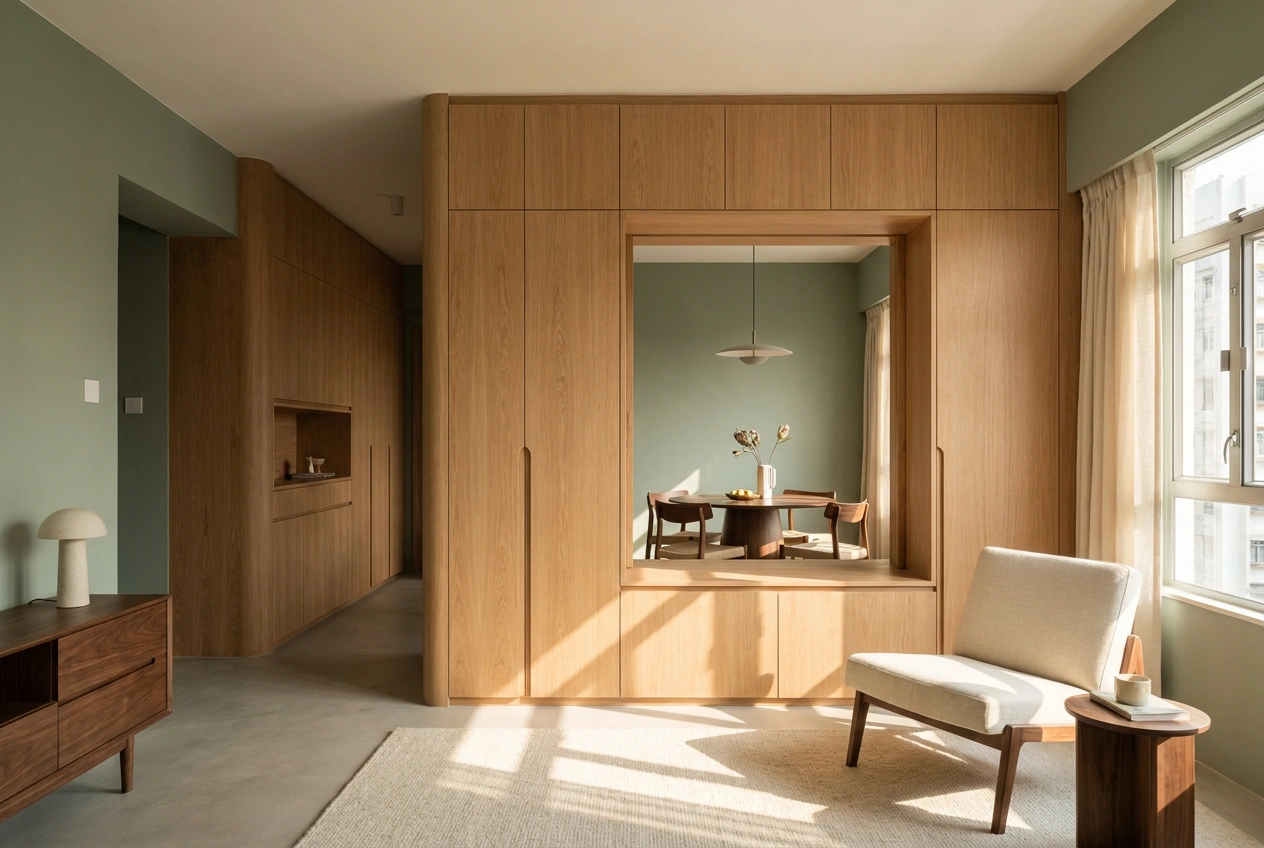 Built-in storage designed to hug a load-bearing wall in a Hong Kong HOS flat, with a permitted opening framing a glimpse into the next room