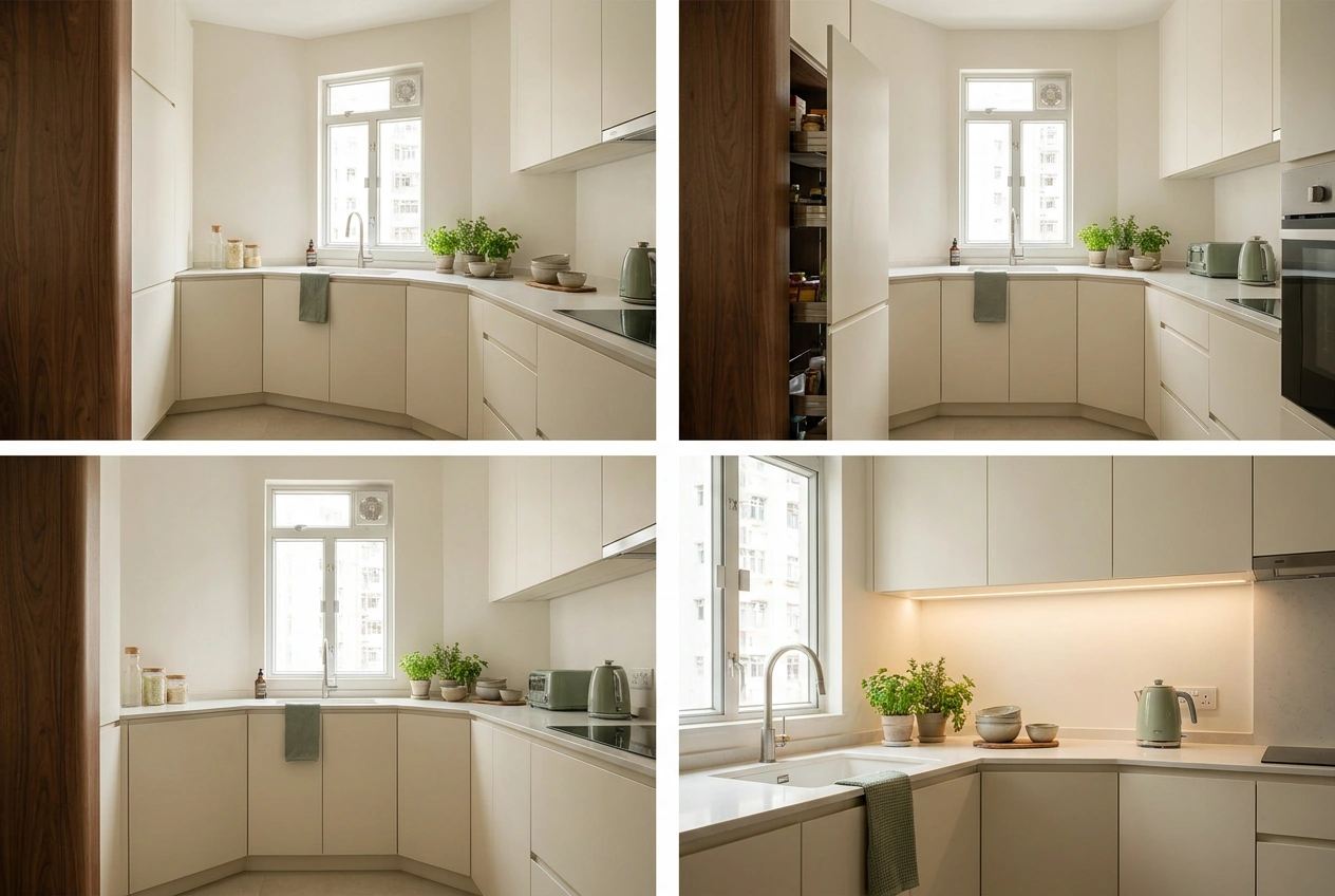 Tailored HOS flat kitchen with made-to-measure cabinetry shaped to the household, a stone counter and storage filling an awkward corner