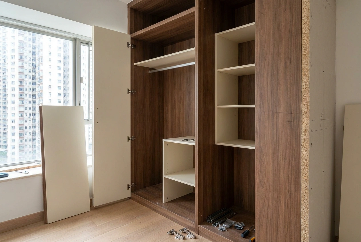 Custom-built wardrobe carcass under construction in a Hong Kong flat showing board edges, shelving and hinge hardware that a joinery quotation should itemise