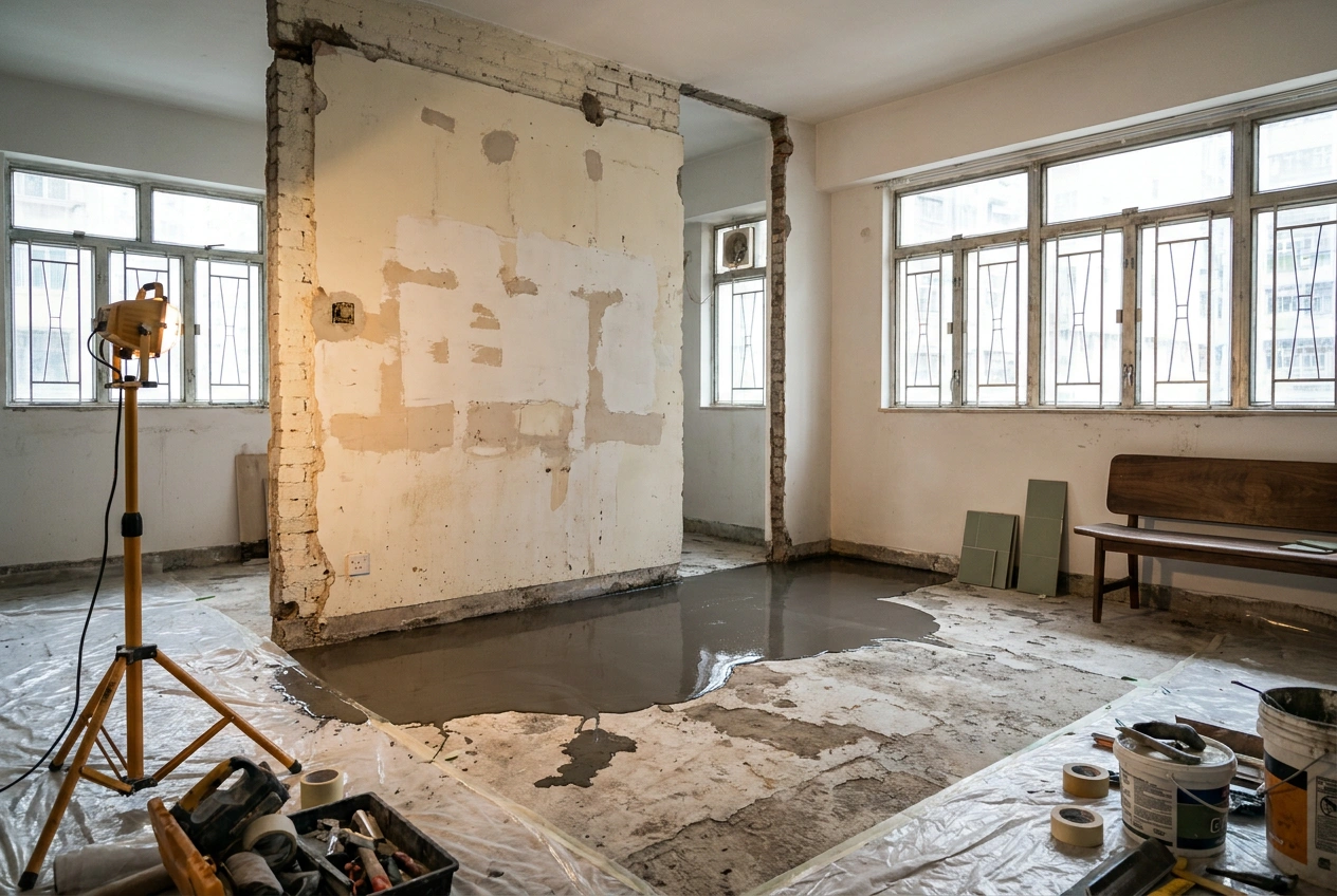 Uneven concrete floor in a stripped Hong Kong flat being levelled with self-levelling compound, the making-good work that often appears as an add-on charge