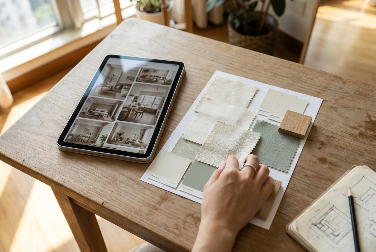 A mood board and design tools laid out for planning a Hong Kong home