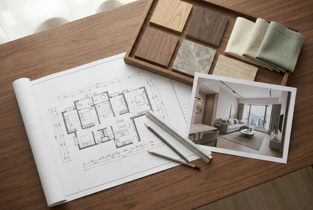 Material moodboard and design samples laid out for an Artwill interior design project