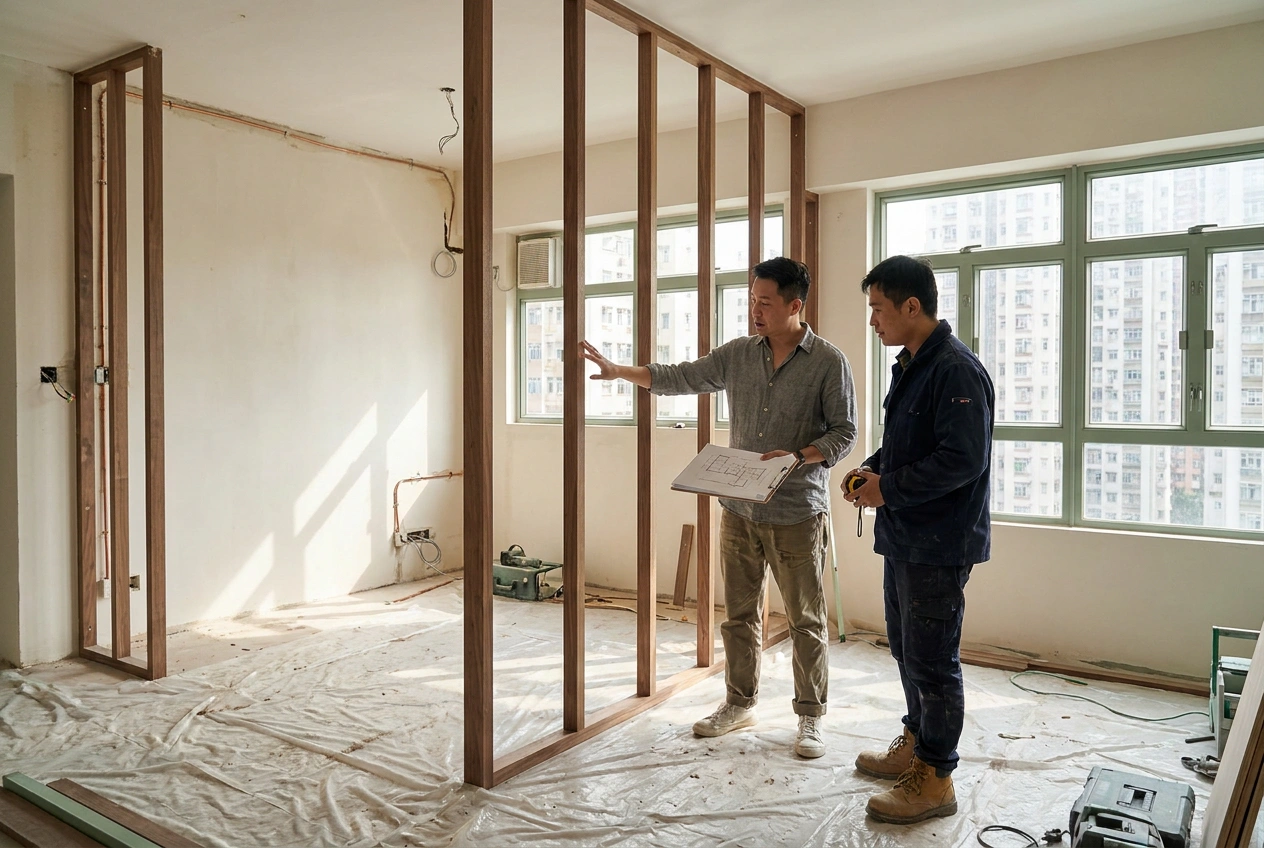 Designer reviewing a construction drawing with a tradesperson on a Hong Kong renovation site where the same team handles both design and build