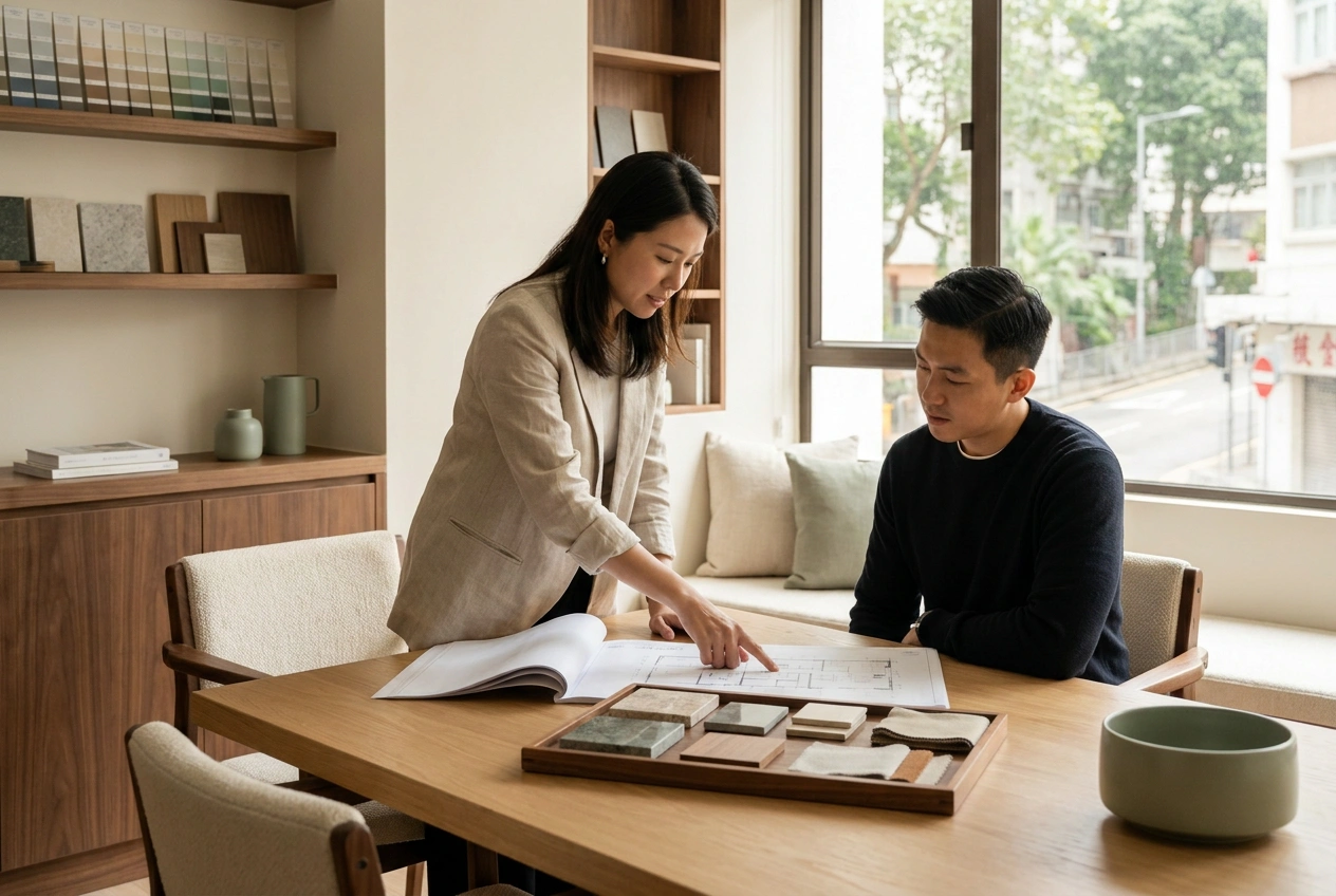 Interior designer presenting a layout drawing and material samples to a client across a table at a Hong Kong design studio consultation
