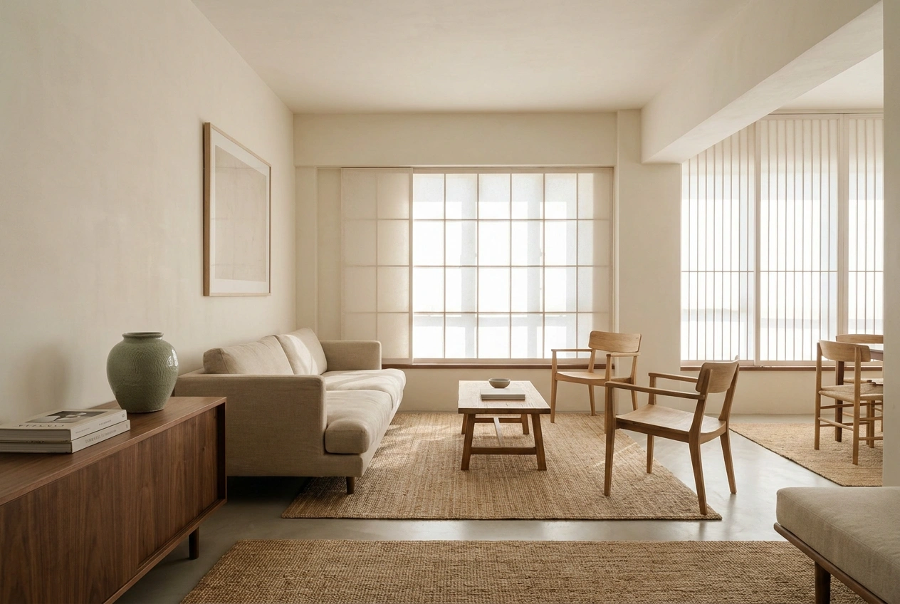 Japandi style Hong Kong living room with low warm-wood furniture, paper-soft light and calm empty space blending Japanese and Nordic ideas