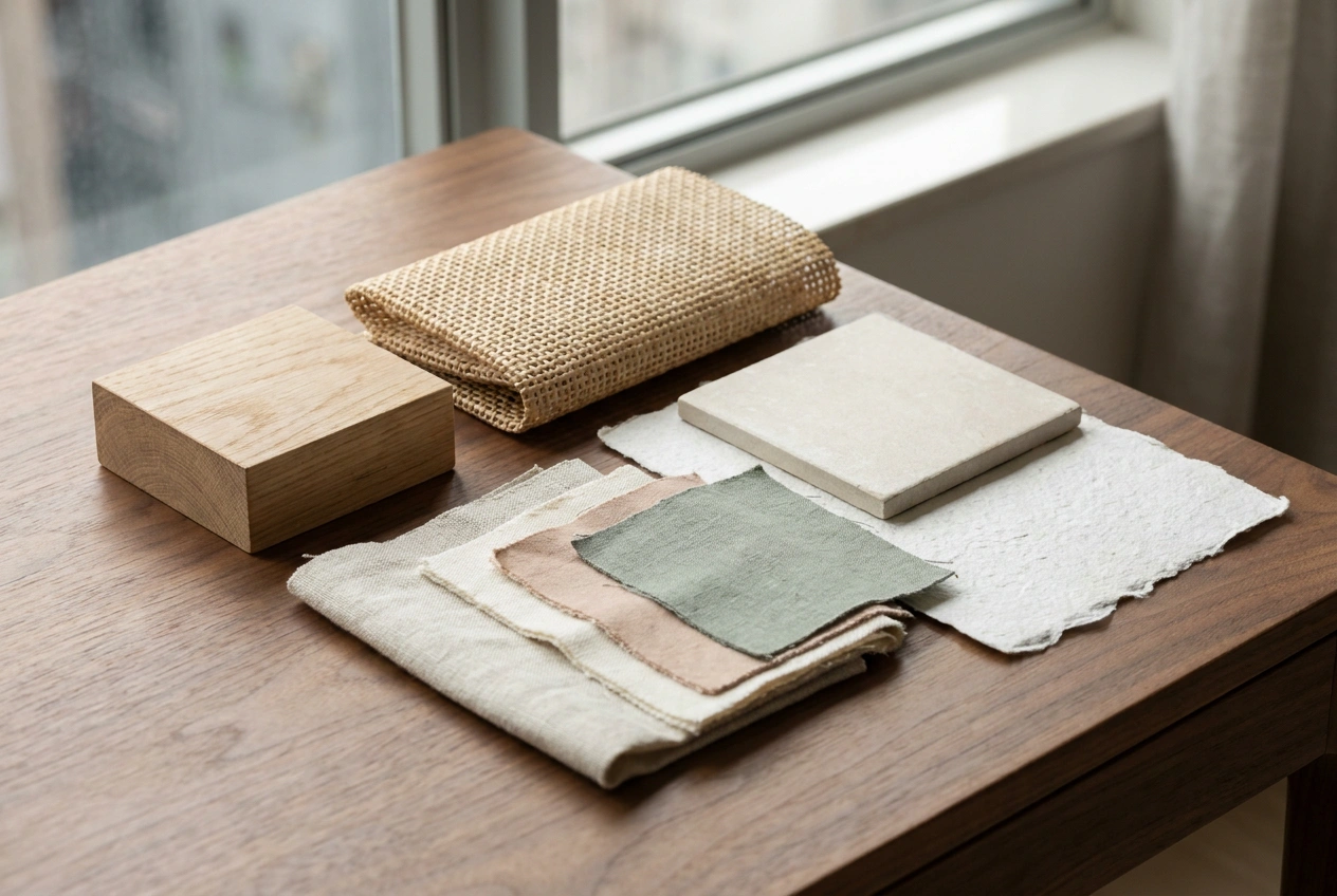 Japandi material detail with light timber, linen, stone, rattan and paper in an earthy muted palette chosen for texture not shine