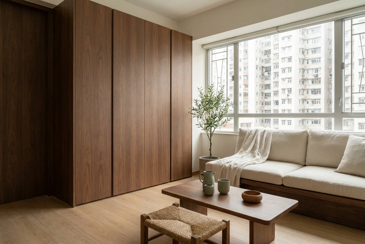 Small Hong Kong flat in Japandi style with low simple furniture, concealed storage and a few natural touches keeping surfaces clear