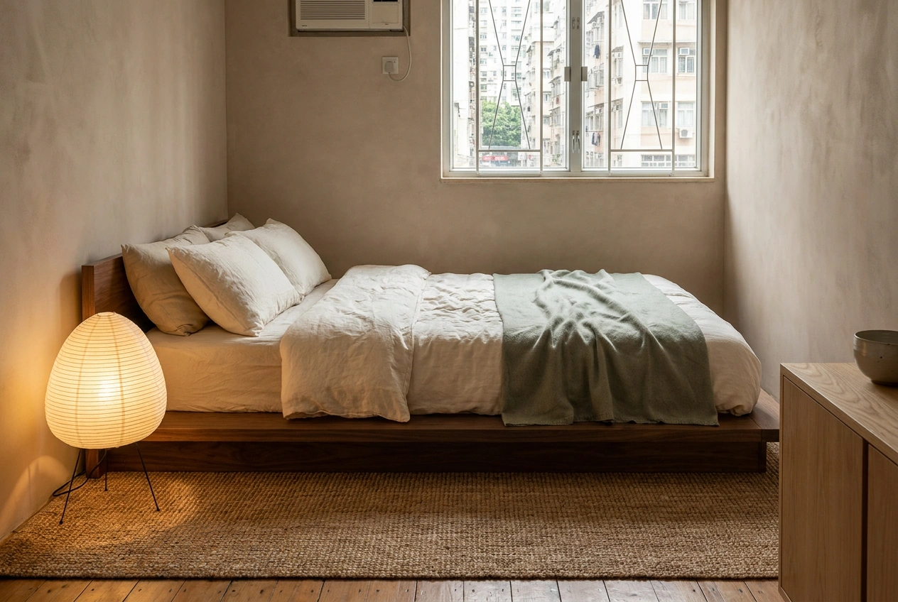 Japandi bedroom corner in a Hong Kong flat layering warm wood and soft natural fabric so the calm space feels warm not bare