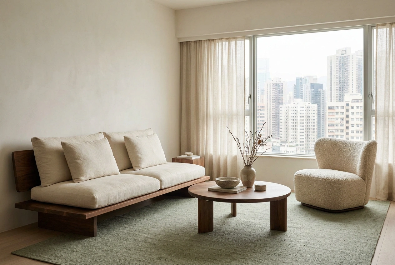 Japandi base interior in a Hong Kong flat layered with a soft cream warmth showing how the calm style takes a gentle accent