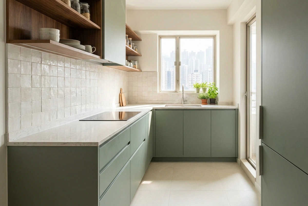 Compact L-shaped Hong Kong kitchen with cabinetry along two walls meeting at a corner, worktop running to the window