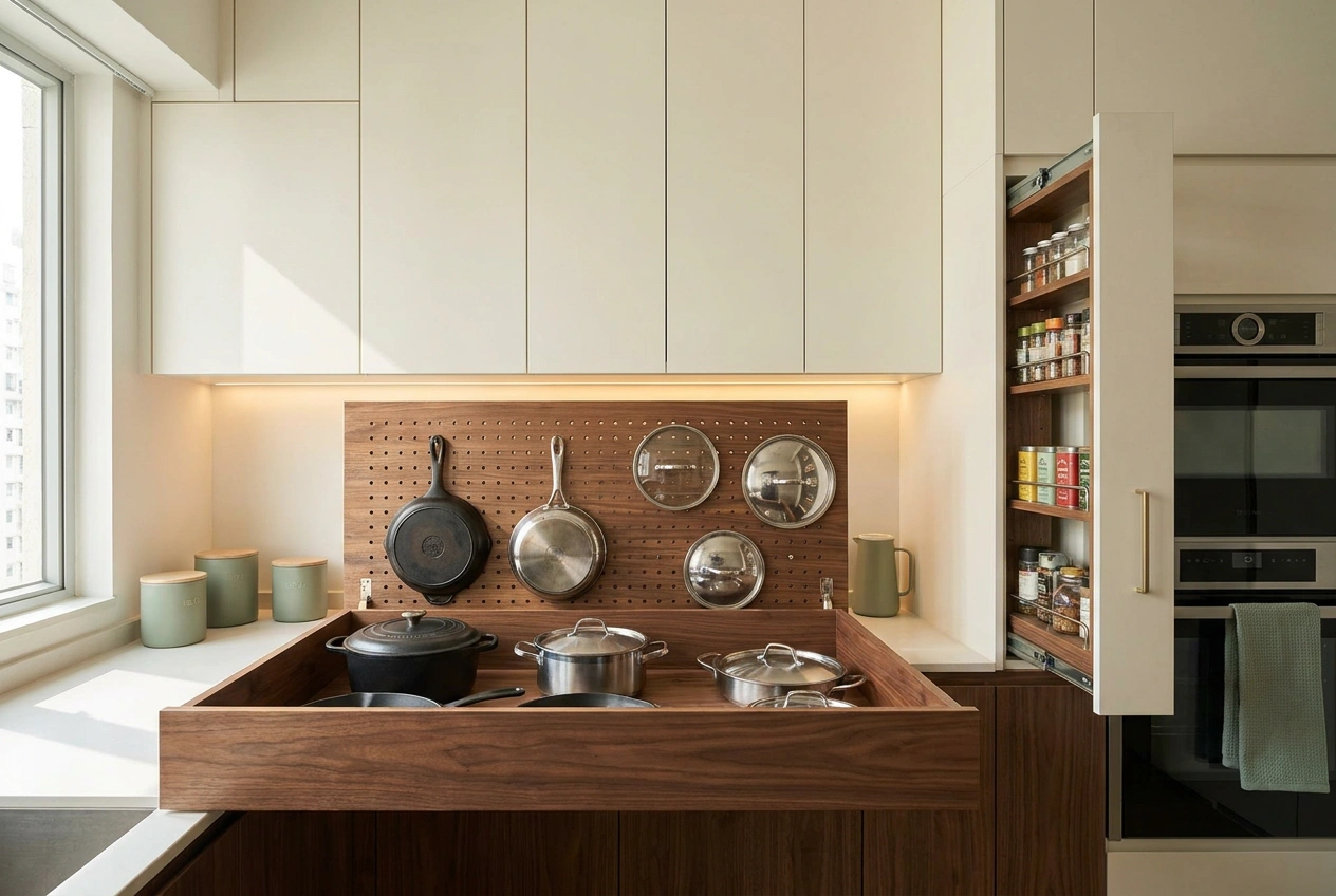 Deep kitchen drawers pulled open in a Hong Kong flat revealing fitted pots and pans, with tall cabinets running to the ceiling