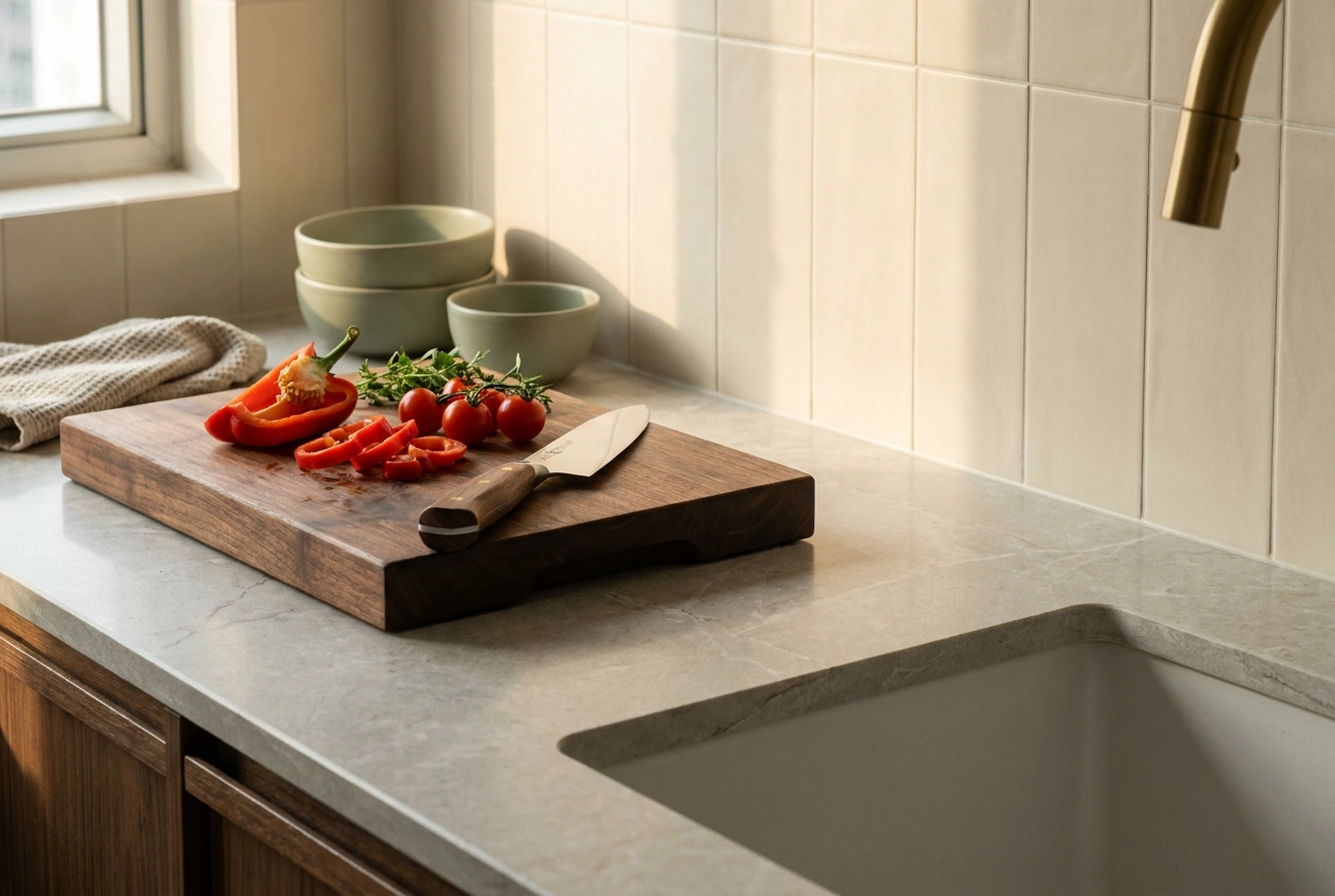 Detail of a durable stone kitchen worktop and wipe-clean splashback in a Hong Kong kitchen, with a chopping board and knife