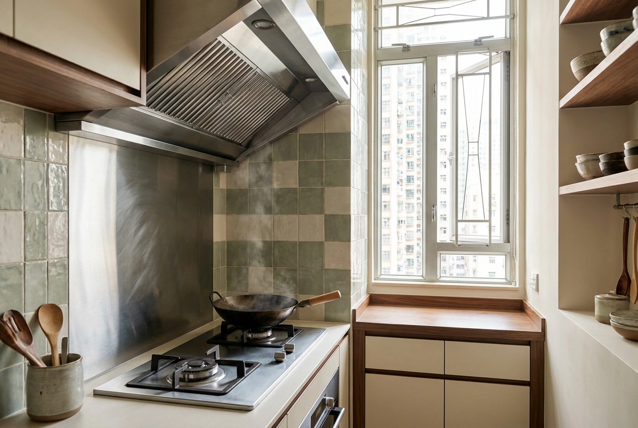 Powerful extractor hood over a hob in a Hong Kong kitchen, ducted to an external wall, clearing steam from a wok