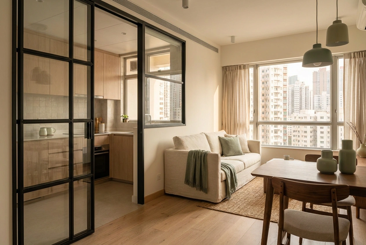 Glass sliding partition between a Hong Kong kitchen and living area, open for everyday flow and able to close off cooking