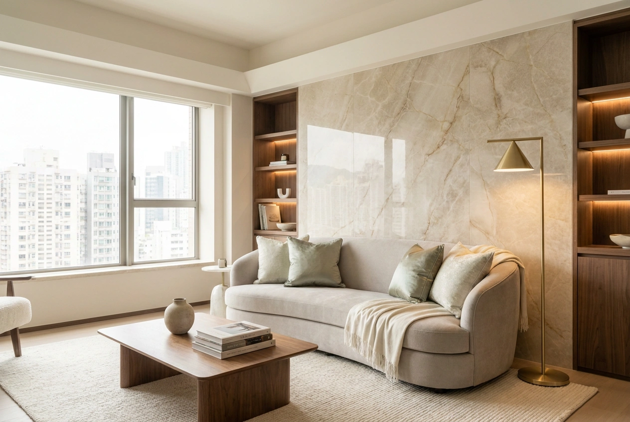 Light luxury Hong Kong living room with an elegant neutral palette, marble-look surface and a subtle brass accent kept understated