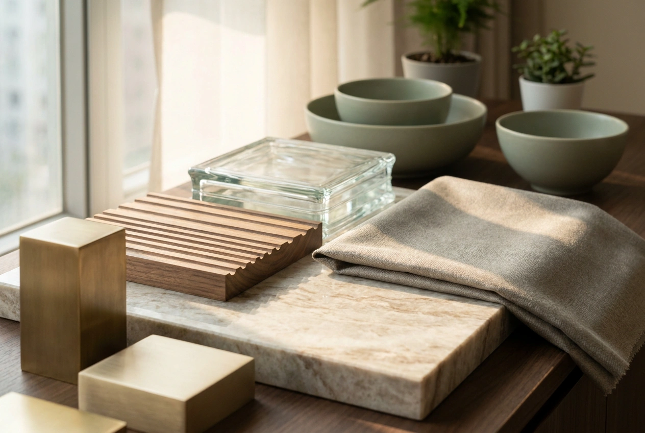 Light luxury material detail showing marble, fine veneer, glass and softly sheened fabric with brass and champagne accents